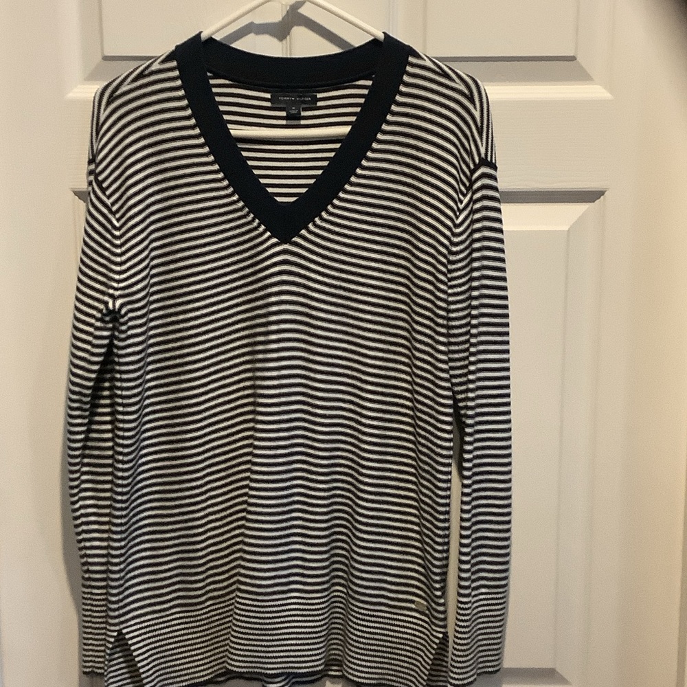 Tommy Hilfiger Navy and White Striped V-Neck Sweater